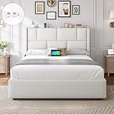 Brinlawb Lit Coffre 140x200 cm avec Rangement, Système Hydraulique, Cadre de Lit 140x200 avec Sommier et Multiprise, Lit Double 140x200 cm avec Tête de Lit Réglable en Hauteur, Lit 2 Personnes, Blanc