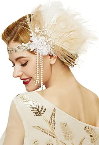 1920s Flapper Feather Headband - Roaring 20s Peacock Hair Accessory With Rhinestones & Hair Clip