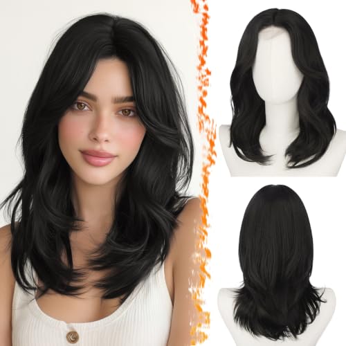 BARSDAR 16 Inch Soft Synthetic Straight Layered Black Curtain Bangs Wig