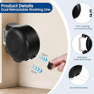 Retractable Double Clothesline – 49 ft x 2 Heavy Duty Clothes Line for Indoor & Outdoor Use, Dual Laundry Line with Easy Installation (Black)