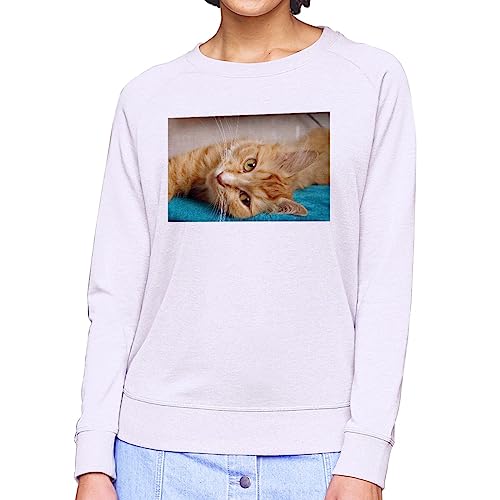 Sweatshirt femme chat roux tigré en coton imprimé pull décontracté bleu