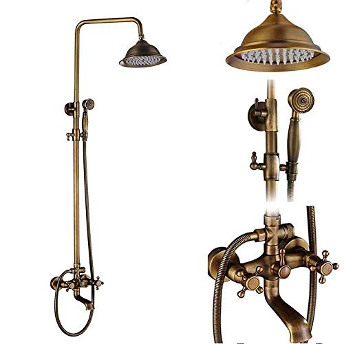 Juego de sistema de ducha de latón antiguo, columna de ducha de doble mango con boquilla giratoria de cerámica y porcelana, kit completo de grifo de baño para una experiencia de baño elegante