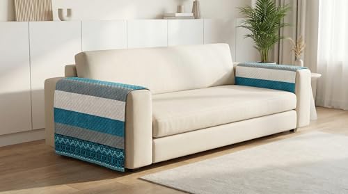 Image of Luxury Sofa Arm Cover Set of 2 - Aqua Grey Stripe Quilted Armrest Cover for L Shape, 3 Seater, 4 Seater Sofa, Washable, Anti-Slip, Aqua Grey White