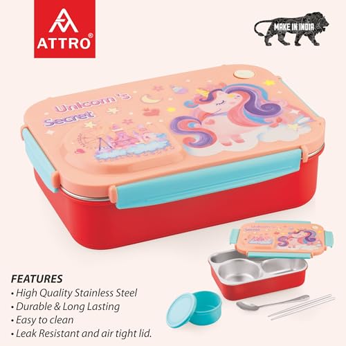 Image of ATTRO School Bite Stainless Steel Lunch Box - 3 Compartment Bento Tiffin, Leak-Proof & Durable, Ideal for Kids, School, Picnic- 750ml+150ml, Peach- Unicorn Theme