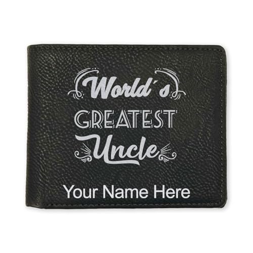 LaserGram Faux Leather Bi-Fold Wallet, World's Greatest Uncle, Personalized Engraving Included (Black with Silver)