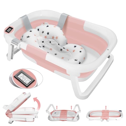 Bañera Bebe con Termómetro, Bañera Plegable Bebé con Almohadilla de Baño Antideslizante e Tapón de Ducha, Ergonómico, Ahorra Espacio, para Bebés de 0 a 36 Meses (Rosa)