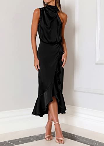 Image of KIRUNDO Women's Summer Satin Mock Neck Wedding Guest Dress | Party Cocktail Midi Dress, 2026 Spring Fashion, Silky, Elegant Classy Halter High Neck, Sleeveless Wrap Ruffle Formal Dress