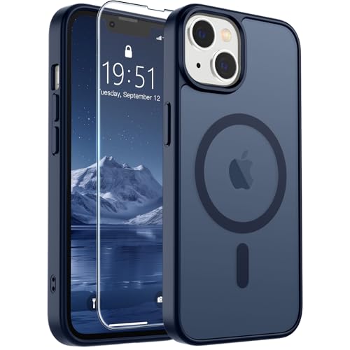 Image of SUPFINE Magnetic for iPhone 14 Case & iPhone 13 Case with Screen Protector (Compatible with MagSafe)(Military Grade Drop Protection) Translucent Matte Shockproof Phone Cover,Dark Blue