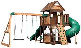 Backyard Discovery, Cedar Cove Wood Swing Set, Playground Fort, Chalkboard, Telescope, Dual Slide, Kitchenette, Wide Swing Lanes, 5ft Rock Wall, Step Ladder