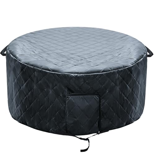 Insulated Inflatable Hot Tub Cover Round Full Coverage Hot Tub Thermal Cover Cap Dustproof Outdoor Energy Saving Spa Covers with Zipper Door and Adjustable Strap for Keeping Warm (Black, 73'D x 28'H)