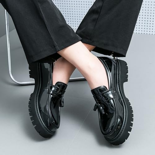 Image of Mens Leather Slip-On Platform Dress Tassels Loafers Non-Slip Low Top Round Toe Chunky Penny Shoes for Business Casual Dress Prom Party