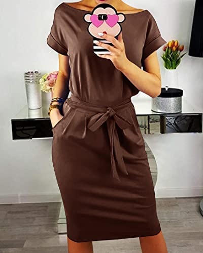 Image of PRETTYGARDEN Women's Summer Short Sleeve Crewneck Striped Dress Basic Solid Tie Waist Office T Shirt Dresses Pockets