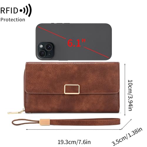 Image of Women Leather Wallet Crossbody Shoulder Bag with Double Zipper and Mobile Phone Purse with Shoulder Strap
