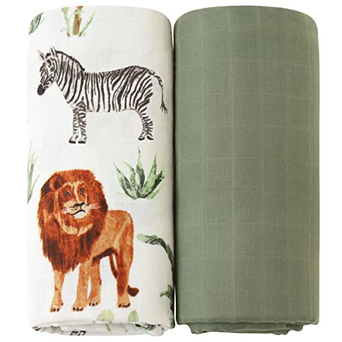 Image of LifeTree Muslin Swaddle Blankets, Woodland Baby Swaddling Receiving Blanket for Boys & Girls, 70% Viscose from Bamboo and 30% Cotton, Large 47 x 47 inches Safari Jungle/Olive Green