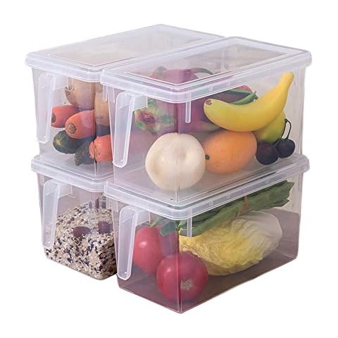 PENGKE Plastic Food Storage Container with Lid and Handle,Food Storage Organizer Box Fresh Box for Kitchen Refridgerator Fridge Desk Cabinet Food Storage,Holds Fruit Eggs Vegetables,5L Pack of 4 Cover