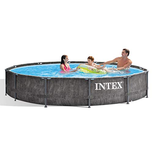 Intex Greywood Prism Frame 12 Foot X 30 Inch Round Above Ground Outdoor Swimming Pool With 530 Gph Filter Pump, Grey Woodgrain Design #TOP6