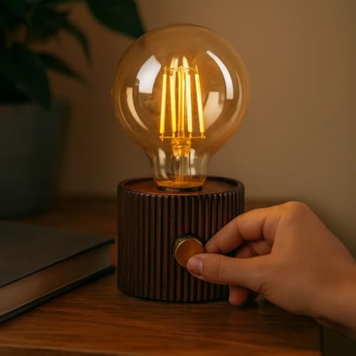Image of Vintage LED Edison Bulb Table Lamp with Wooden Base & Dimmer | Warm Ambient Light for Home Decor, Diwali Gifts, Christmas Lighting & Bedroom Decoration