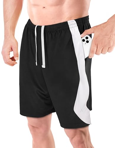 NY Threads Men's Athletic Shorts Quick Dry Loose-Fit Lightweight Running Workout Gym Shorts with Pockets, Large, Black White Panel