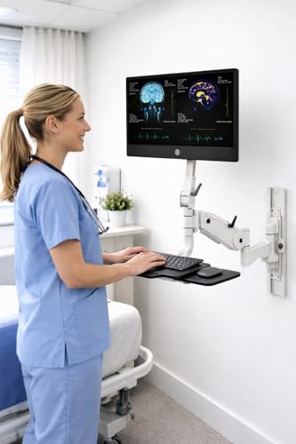 Image of PE04 Wall Mount Medical Workstation with Monitor Arm & Keyboard Tray, Adjustable Height, Space-Saving Design, Durable White Finish for Hospital, Clinic & Healthcare Use