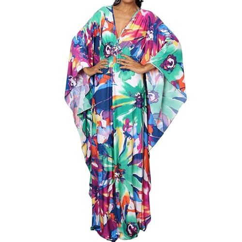 Bsubseach Women Ethnic Print Kaftan Beach Dress Plus Size Swimsuit Cover Up Multicolor Floral