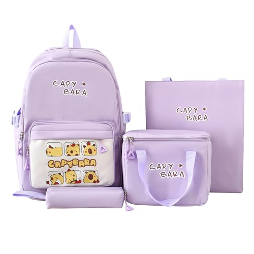 4 Pcs Kapybara Print Travel Backpack Set with File Folder Lunch Box & Pouch Oxford Bag for Trips 17 Inches Purple