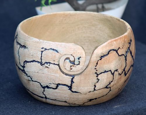 Image of Wooden Yarn Bowl for Knitting, Lichtenberg Resin and Wooden Mix Knitting Yarn Holder, Large Crochet Yarn Holder Best Gift for Knitters