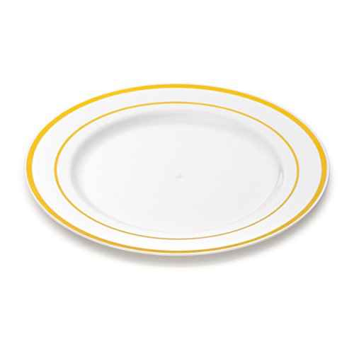 Laura Stein Designer Dinnerware Set Of 40 Premium Plastic Wedding/Party Plates: White, Gold Rim. Set Includes 20 10.75" Dinner Plates & 20 7.5” Salad Plates | Classic Series #TOP4