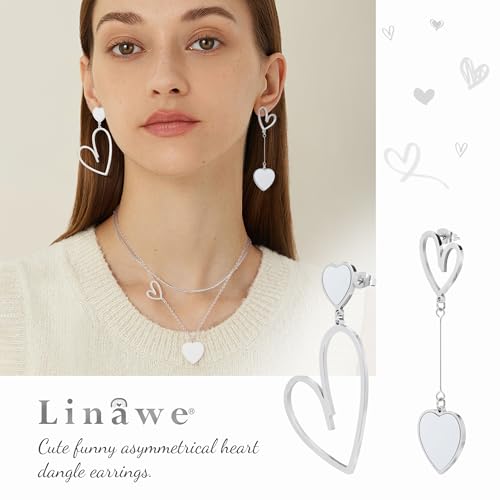 Linawe Titanium Stainless Steel Heart Dangle Earrings for Women - Trendy, Gold/Silver/Rose Gold Big Drop, Mismatched Love, Asymmetrical2