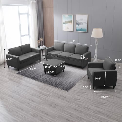 Balus 78 Inch 3 Piece Linen Sectional Couches Set For Living Room, L-Shaped Sofa Set With Storage Ottoman And 3 Seater And Loveset And Armchair, Furniture Sofa Set For Apartment/Office thumb #6