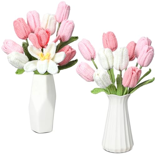 Shihanee 10 Pcs Tulip Crochet Flowers Bouquet Handmade Knitted Flower Decor Birthday Gifts for Mom Mothers Day Women Grandma Spring Home Vase Centerpiece 13.7(Pink White)