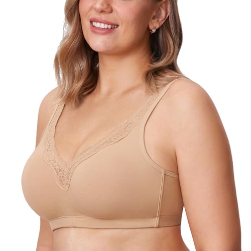 DELIMIRA Femme Soutien Gorge Coton sans Armature Grande Taille Dentelle Non-Rembourré Confort Taupe Beige 100C