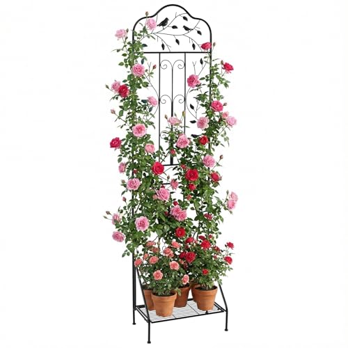COSTWAY Rankgitter Metall, 3 in 1 dekorativer Gartenzaun & Blumenregal & Pflanzstütze, freistehende Rankhilfe mit Sockel, Spalier Garten, Rankspalier für Kletterpflanzen Blume Gemüse (Schwarz,1 Pack)