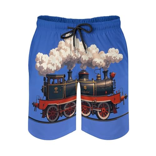 Mens Shorts Steam Train Clouds Men Swim Trunks Quick-Dry Beach Shorts with Drawstring Pocket Bathing Suit S White4