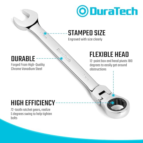 DURATECH Flex-Head Ratelsleutelset, combinatiesets, 72 tanden, metrisch, 9-delig, 8, 10, 11, 12, 13, 14, 15, 16, 17mm, CR-V staal, met rolkoffer - Afbeelding 3