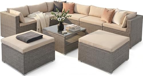 CASARIA® Polyrattan Garden Corner Lounge Furniture Set | 8 Seat Weatherproof Seating Group | 5mm Thick Safety Glass Top Coffee Table | Outdoor Patio Sofa Cushions | Cream/Cream