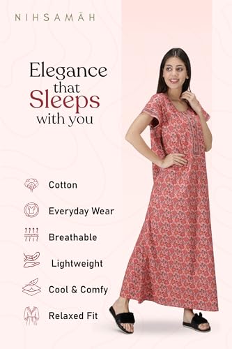 Image of NIHSAMAH Cotton Nighty for Women with Pocket, Premium Printed Long Nighty | Comfortable & Fancy Sleepwear /Nightwear