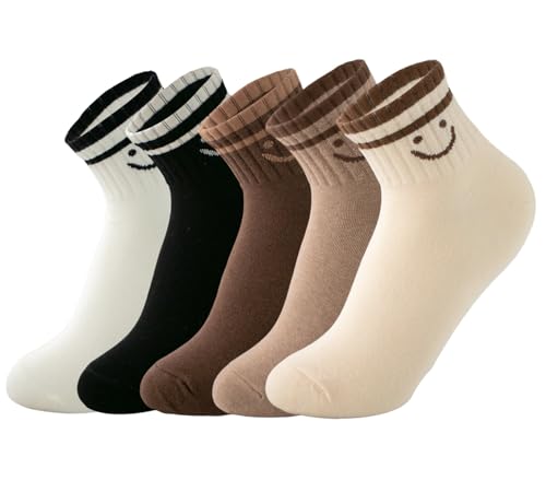 Image of Deeorla Womens Striped Crew Socks Brown Vintage Retro Athletic Socks 5 Pairs