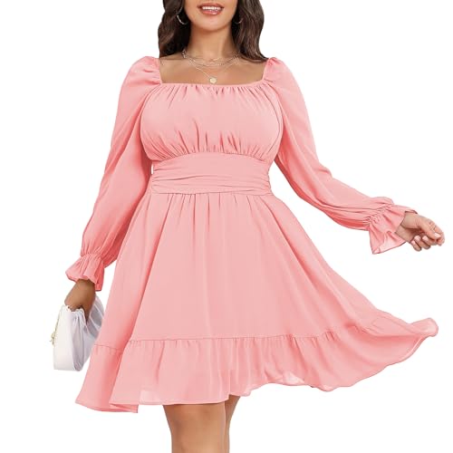 Byinns Women's 2025 Plus Size Tie Back Square Neck Mini Dress Long Lantern Sleeve Elastic Waist Wedding Guest Dresses Pink at Amazon Women's Clothing store Byinns Women's 2025 Plus Size Tie Back Square Neck Mini Dress Long Lantern Sleeve Elastic Waist Wedding Guest Dresses Pink at Amazon Women's Clothing store