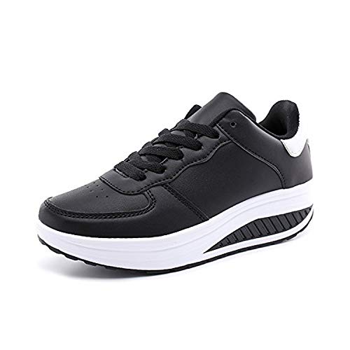 Damen Sneaker Keilabsatz Laufschuhe Frauen Freizeitschuhe Fitnessschuhe Turnschuhe Plateau Bequeme Walkingschuhe Leder Schnüren Schwarz Weiß 42 EU Cover