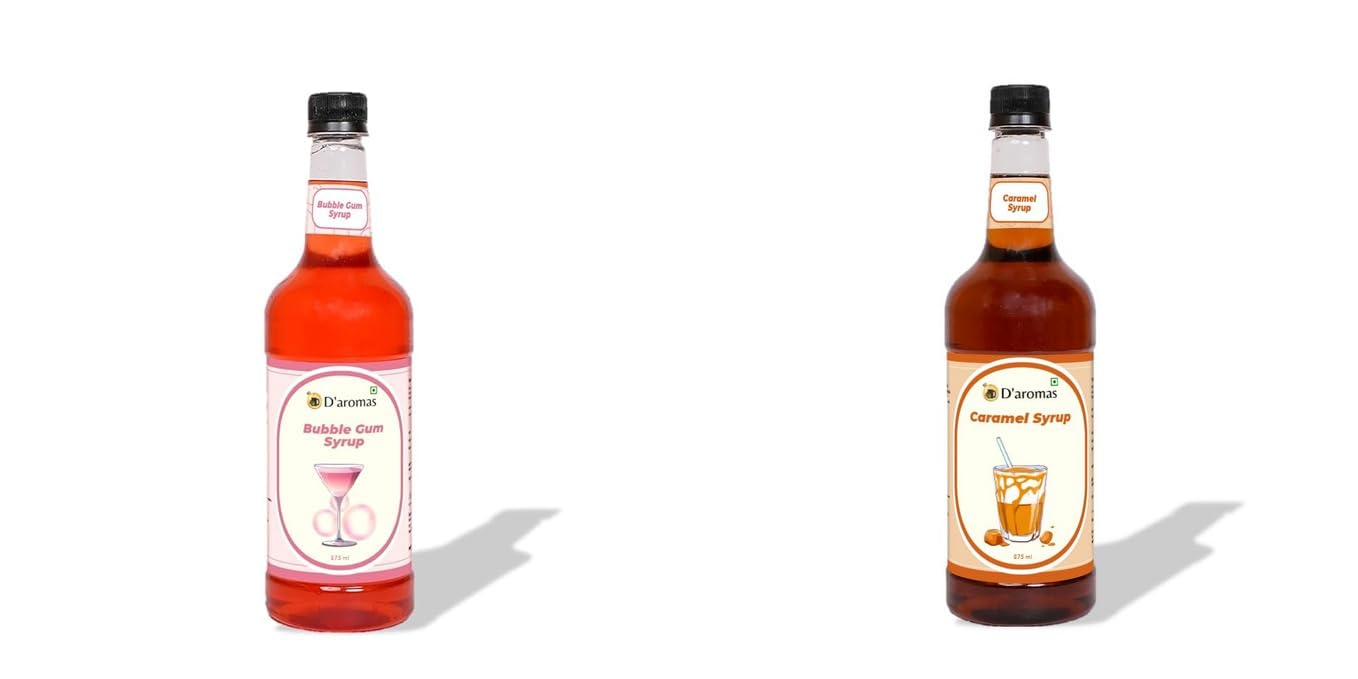 D’aromas Caramel & Bubble Gum Mocktail Syrup Combo | 875ml Each (Pack of 2) | Premium Café-Style Liquid Syrup for Mocktails, Beverages, Desserts & Coffee | Ideal for Home, Café, Bar & Restaurant Use-image-16