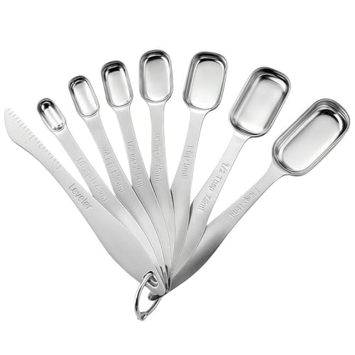 Homeponnew Juego de 8 cucharas medidoras de acero inoxidable con mango largo para cocinar y hornear, incluye 1/8 cucharadita a 1 cucharada y nivelador