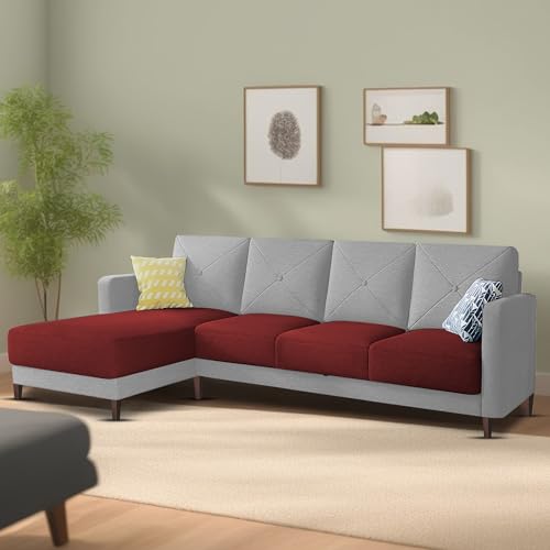 Image of Baloney LHS 6 Seater L Shape Sofa Set for Living Room (Maroon Grey Fabric) Premium Fabric Sofa