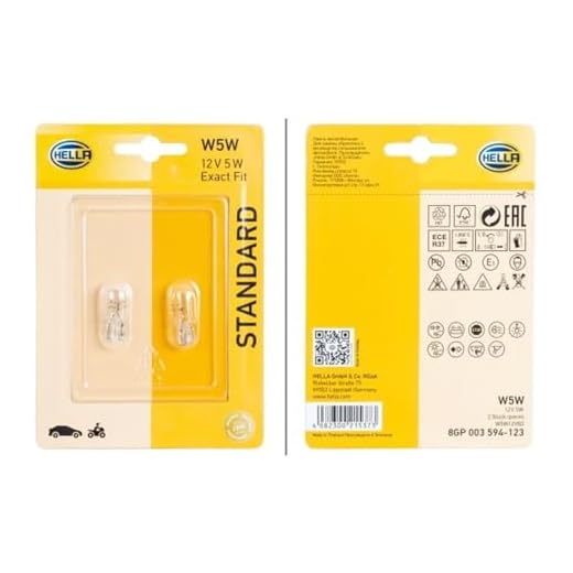 HELLA 8GP 003 594-123 Lámpara - W5W - Standard - 12V - 5W - Tipo de portalámpara: W2,1x9,5d - Blister - Cant.: 2