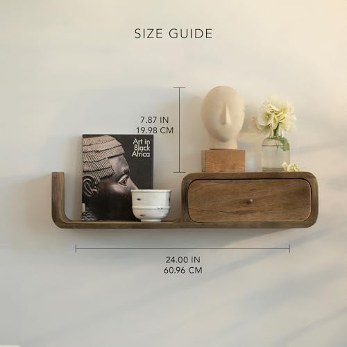 Image of Ellementry Boxy Wooden Wall Shelf with Drawer | Colour: Grey Brown | Mango Wood | Organiser | Wall Decor | Handcrafted | Sustainable | Home & Living | Gifting