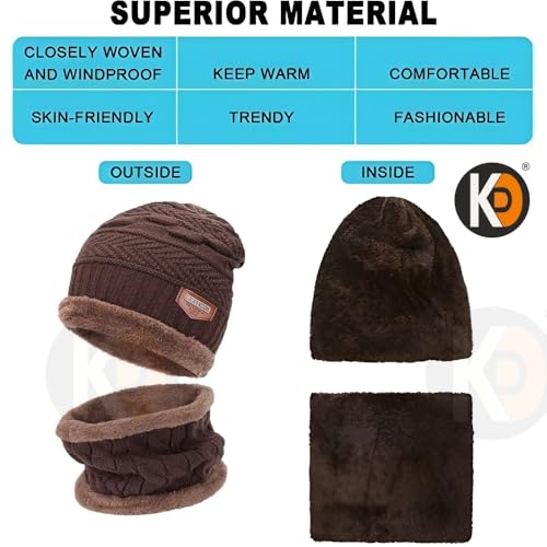 Image of K D Winter Wear 3-in-1 Cap Muffler Gloves Set for Adults | Woolen Beanie cap, Mafler Scarf & Hand Gloves | Thermal, Fleece-Lined, Unisex Winter Accessories (Gloves /cap-Mafler - BROWN)