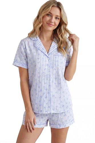 Image of LUBOT 100% Cotton Pajamas for Women 2 Piece PJ Set Poplin Woven Lightweight Ladies Button Short Sleeve Sleepwear S-XXL