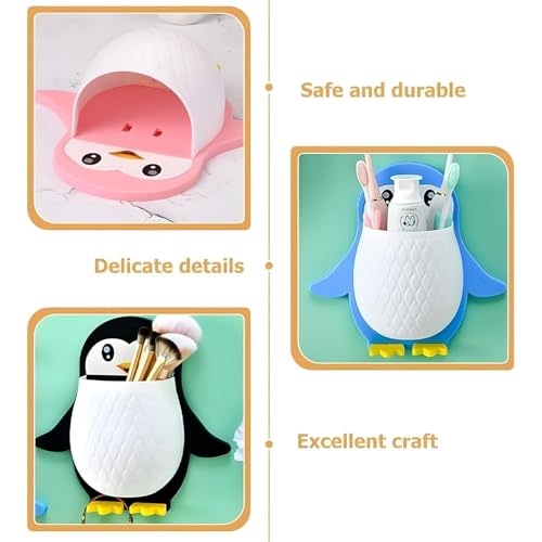 Image of Penguin Shaped Wall Mounted Holder, Self Adhesive Storage Organizer for Bathroom, Toothbrush and Brush Stand,Multipurpose Plastic Bathroom Accessory (Pack of 1)