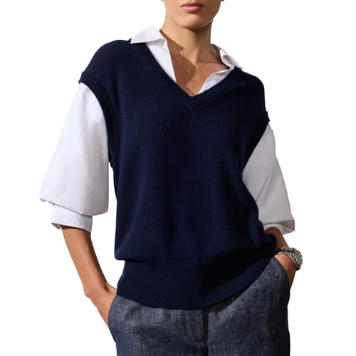 Brochu Walker The Kate Shirt Looker - V Neck Vest Sweater with White Shirt, Elbow-Length Blouson Sleeves, Wool/Cashmere Blend