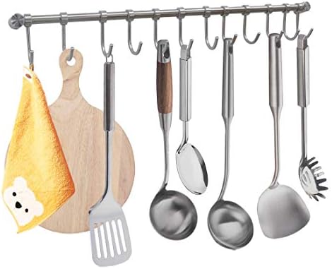 Wall Mounted Utensil Rack Stainless Steel Hanging Kitchen Rail with 12 Removable Hooks Hanger Organizer (22 inches)