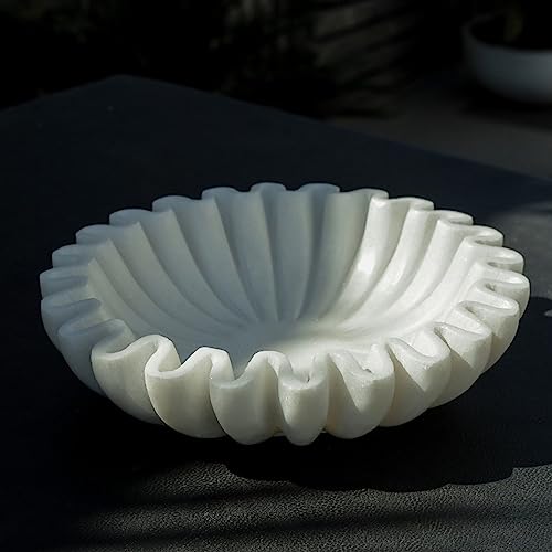 LE HOME DECOR White Marble Scallop Bowl, Marble Flower Bowl, Natural Marble Decorative Bowl, Handmade Marble Fruit Bowl, Marble Jewellery Bowl, Marble Table Centrepiece (12 Inches)